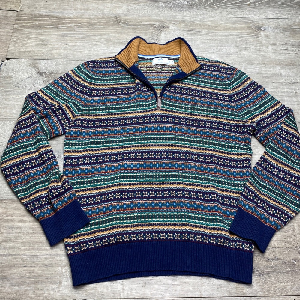 Southern Tide Mens M Cotton Fair Isle Quarter Zip Sweater Multicolor Knit 13570